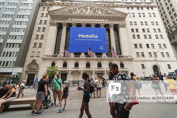 The New York Stock Exchange in Lower Manhattan in New York on Friday July 19 2019 is decorated with a banner for the Medallia initial public offering. Medallia is a customer experience company enabling its clients to quantify satisfaction (or dissatisfaction) generated.