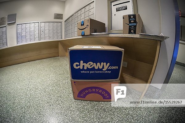 A box laden with pet supplies from Chewy amidst other unsecured deliveries at the mailboxes in an apartment building in New York on Tuesday June 4 2019. (©Â Richard B. Levine).
