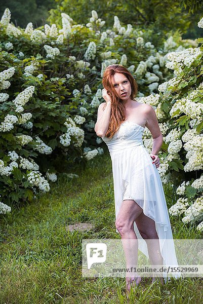 40 year old redheaded woman in a white dress in a garden setting in the spring with hydrangeas in bloom.