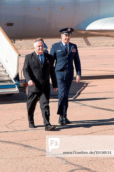 Expedition 51 crewmembers Fyodor Yurchikhin of the Russian Federal Space Agency (Roscosmos left) and Jack Fischer of NASA (right) arrive at their launch site in Baikonur Kazakhstan April 5 for final pre-launch training after a flight from the Gagarin Cosmonaut Training Center in Star City Russia. Fischer and Yurchikhin will launch April 20 on the Soyuz MS-04 spacecraft for a four and a half month mission on the International Space Station. Photo: NASAVictor Zelentsov
