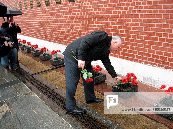At the Kremlin Wall in Red Square in Moscow Expedition 51 crewmember Fyodor Yurchikhin of the Russian Federal Space Agency (Roscosmos) lays flowers at the site where Russian space icons are interred during traditional ceremonies April 3. Yurchikhin and Jack Fischer of NASA will launch April 20 on the Soyuz MS-04 spacecraft from the Baikonur Cosmodrome in Kazakhstan for a four and a half month mission on the International Space Station. Photo: NASARob Navias.