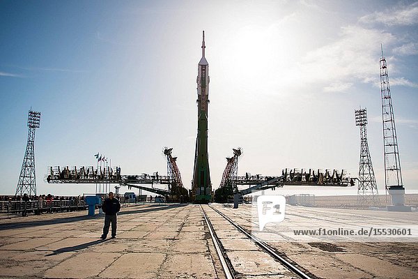 The Soyuz MS-04 spacecraft is raised into position on the launch pad Monday April 17 2017 at the Baikonur Cosmodrome in Kazakhstan. Launch of the Soyuz rocket is scheduled for April 20 Baikonur time and will carry Expedition 51 Soyuz Commander Fyodor Yurchikhin of Roscosmos and Flight Engineer Jack Fischer of NASA into orbit to begin their four and a half month mission on the International Space Station. Photo Credit: (NASAAubrey Gemignani)