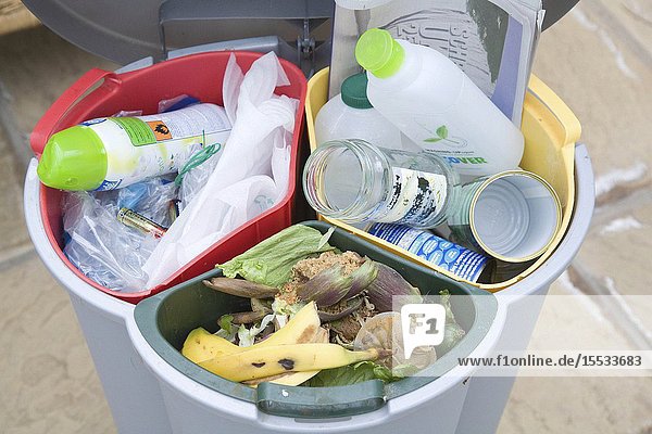 Rubbish in a special triple pedal household recycling bin