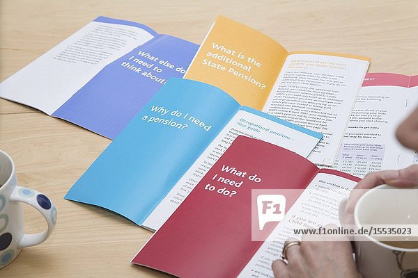 Selection of advice leaflets giving financial pension advice for planning for retirement