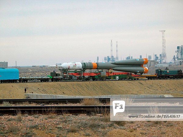 At the Baikonur Cosmodrome in Kazakhstan the 14 Soyuz (TMA-10) spacecraft and its booster rolled out to the launch pad on April 5 2007 for final pre-launch preparations. The Soyuz will blast off on April 7 2007 (Kazakhstan time) to carry cosmonauts Fyodor N. Yurchikhin Expedition 15 commander and Oleg V. Kotov Soyuz commander and flight engineer both representing Russia's Federal Space Agency to the International Space Station for a six-month mission and spaceflight participant Charles Simonyi who will spend approximately 11 days aboard the International Space Station.