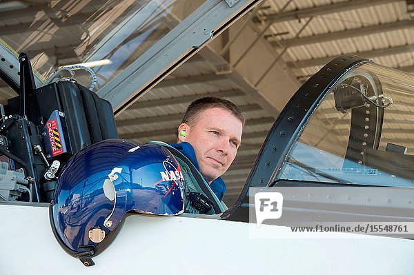 NASA astronaut Terry Virts Expedition 42 flight engineer and Expedition 43 commander prepares for a flight in a NASA T-38 trainer jet at Ellington Airport near NASA's Johnson Space Center.