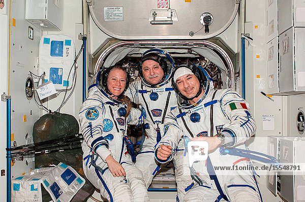 Attired in Russian Sokol launch and entry suits Russian cosmonaut Fyodor Yurchikhin (center) Expedition 37 commander along with NASA astronaut Karen Nyberg and European Space Agency astronaut Luca Parmitano both flight engineers pose for a portrait in the Unity node of the International Space Station.