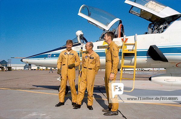 Members of the prime crew of the first manned Skylab Mission (Skylab 2) stand beside a NASA T-38 jet aircraft trainer at nearby Ellington Air Force Base prior to take off for the Kennedy Space Center Florida. They are (left to right) astronauts Paul J. Weitz mission pilot Charles Conrad Jr. commander and scientist Joseph P. Kerwin science pilot. The three crewmen have completed their prelaunch training at JSC.
