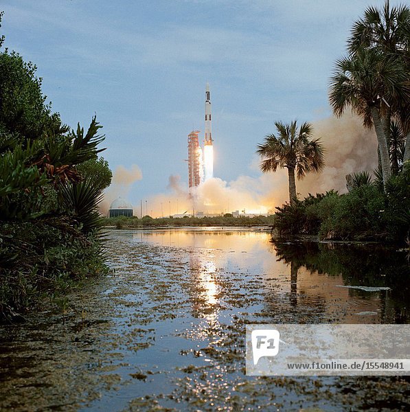 The unmanned Skylab 1Saturn V space vehicle is launched from Pad A Launch Complex 39 Kennedy Space Center Florida at 12:00 noon (EDT) May 14 1973 to place the Skylab space station cluster in Earth orbit. The Skylab 1 payload included four of the five major components of the space station Orbital Workshop Apollo Telescope Mount Multiple Docking Adapter and Airlock Module. In addition to the payload the Skylab 1Saturn V second (S-11) stage. The fifth major component of the space station the Command Service Module with the Skylab 2 crew aboard was launched at a later date by a Saturn 1B from Pad B.