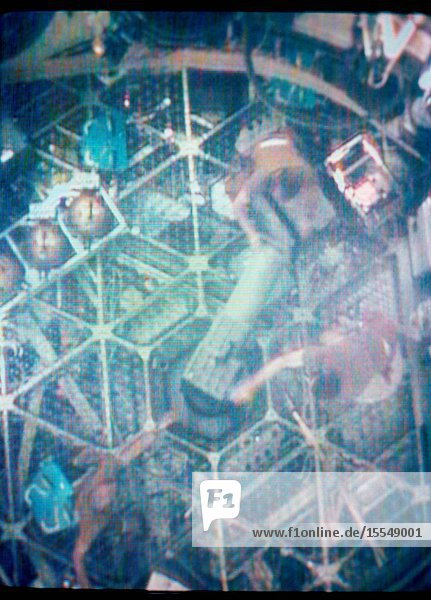 The Skylab 2 crewmen astronauts Charles Conrad Jr. Joseph P. Kerwin and Paul J. Weitz move the S183 Ultraviolet Panorama astrophysics experiment equipment under zero-gravity conditions in space in the foreground compartment of the Orbital Workshop of the Skylab 1 2 space station in Earth orbit as seen in this reproduction taken from a color television transmission made by a TV camera aboard the space station. The S183 equipment includes the S183 spectrograph the S019 mirror assembly and a Maurer camera.