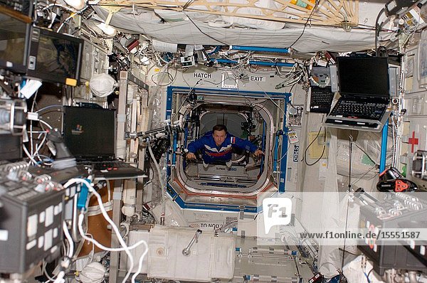 Cosmonaut Yury Lonchakov  Expedition 18 flight engineer  floats into the Destiny laboratory of the International Space Station while Space Shuttle Endeavour (STS-126) is docked with the station.