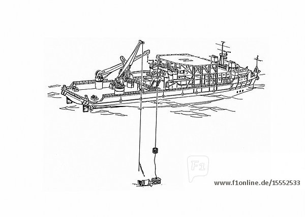 Salvage operations offshore of Kennedy Space Center are depicted in this artist's concept showing a grapple and recovery fixture (left) being directed through the use of a remote video system suspended from the recovery ship.