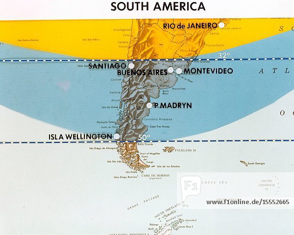 This map of South America has been marked to indicate areas of photographic imagery available from Apollo photography (32-degree orbits) as opposed to that imagery which will be available from a 50-degree inclined orbit. The region between the two broken lines will be in the area that can be covered by the first manned Skylab mission in 1973.