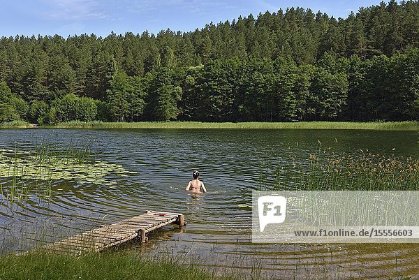 Bathing on the edge of Lusiai Lake at Paluse  Aukstaitija National Park  Lithuania  Europe.