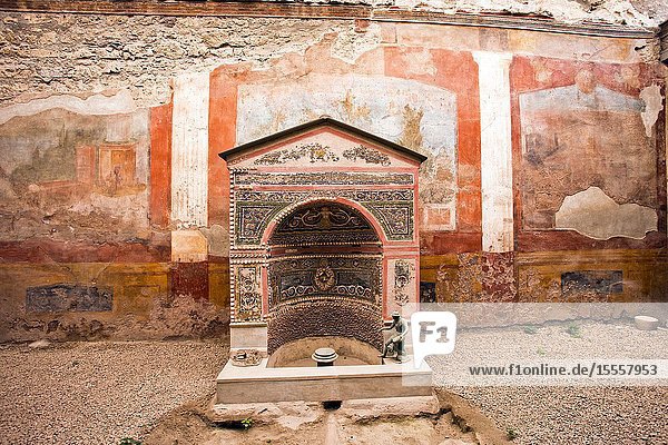 House of the Small Fountain Casa Fontana Piccola Excavations of Pompeii was an ancient Roman town destroyed by volcan Mount Vesuvius Pompei comune of Pompei Campania Italy Europe.