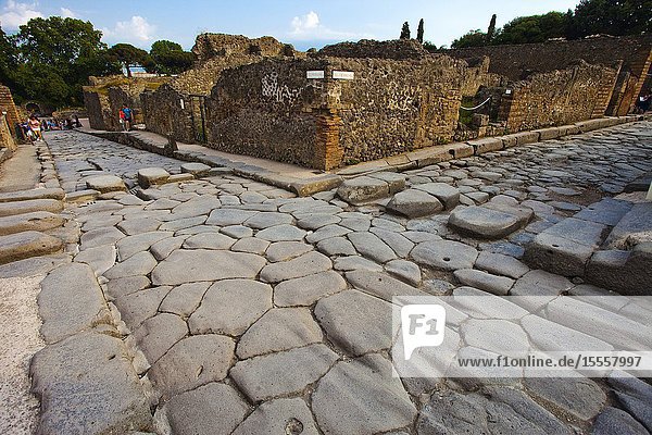 Pavement stones Excavations of Pompeii was an ancient Roman town destroyed by volcan Mount Vesuvius Pompei comune of Pompei Campania Italy Europe.