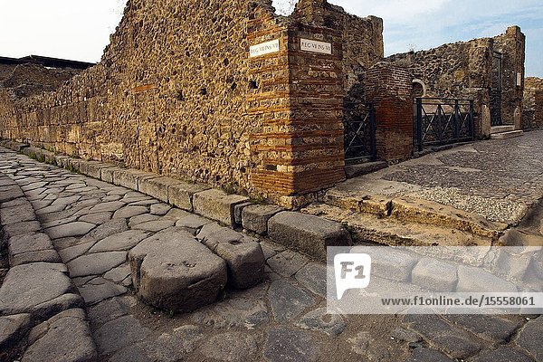 Pavement stones Excavations of Pompeii was an ancient Roman town destroyed by volcan Mount Vesuvius Pompei comune of Pompei Campania Italy Europe.