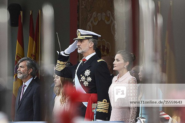 King Felipe VI of Spain Queen Letizia of Spain Crown Princess Leonor Princess Sofia attends National Day military parade on October 12 2019 in Madrid Spain