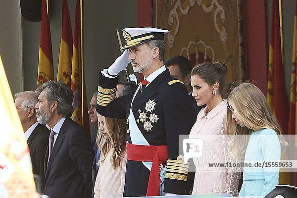 King Felipe VI of Spain Queen Letizia of Spain Crown Princess Leonor Princess Sofia attends National Day military parade on October 12 2019 in Madrid Spain