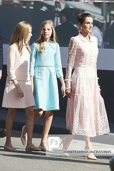 Crown Princess Leonor Princess Sofia Queen Letizia of Spain attends National Day military parade on October 12 2019 in Madrid Spain