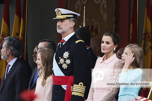 King Felipe VI of Spain Queen Letizia of Spain Crown Princess Leonor Princess Sofia attends National Day military parade on October 12 2019 in Madrid Spain