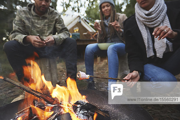 Familie röstet Marshmallows am Lagerfeuer auf dem Campingplatz