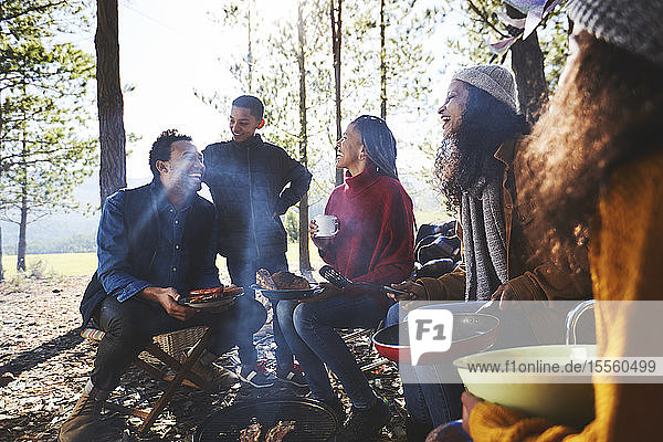 Familie und Freunde beim Essen auf einem sonnigen Campingplatz im Wald