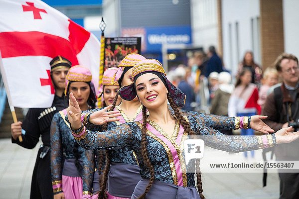 Billingham north east England UK. 10th August 2019. Dancers from Georgia performing at the Billingham International festival of World Dance now in its 55th year.