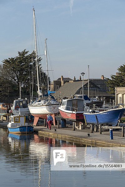 Bude, North Cornwall, England, UK. February 2019. Bude Canal with boats on the wharf, out of the water for winter.