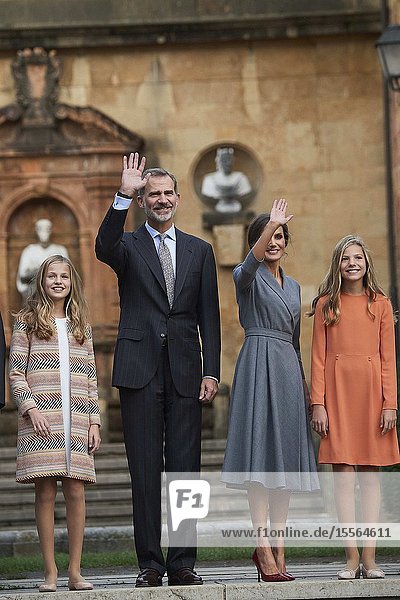 King Felipe VI of Spain Queen Letizia of Spain Crown Princess Leonor Princess Sofia arrived to Alfonso II Square (Cathedral's Square) for Princesa de Asturias Awards 2019 on October 17 2019 in Oviedo Spain