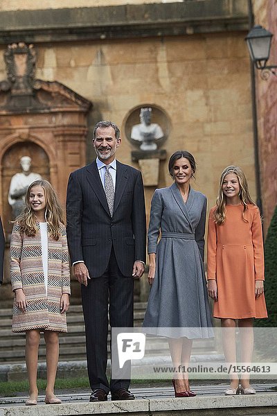 King Felipe VI of Spain Queen Letizia of Spain Crown Princess Leonor Princess Sofia arrived to Alfonso II Square (Cathedral's Square) for Princesa de Asturias Awards 2019 on October 17 2019 in Oviedo Spain