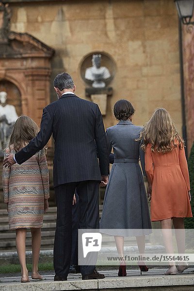 King Felipe VI of Spain Queen Letizia of Spain Crown Princess Leonor Princess Sofia arrived to Alfonso II Square (Cathedral's Square) for Princesa de Asturias Awards 2019 on October 17 2019 in Oviedo Spain