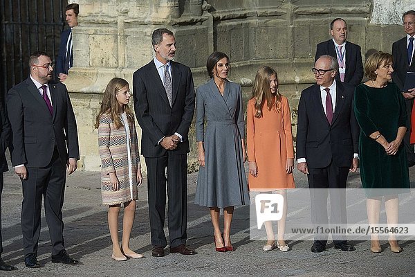 King Felipe VI of Spain Queen Letizia of Spain Crown Princess Leonor Princess Sofia arrived to Alfonso II Square (Cathedral's Square) for Princesa de Asturias Awards 2019 on October 17 2019 in Oviedo Spain