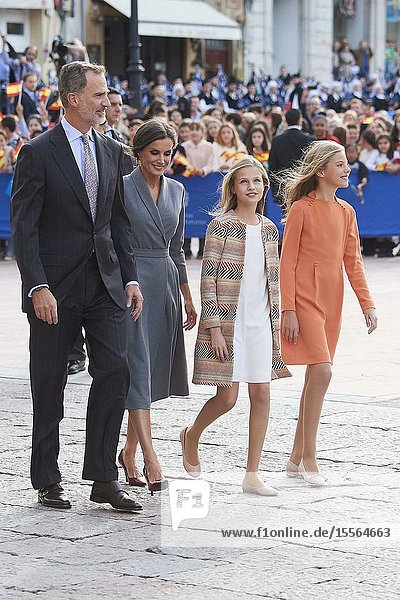 King Felipe VI of Spain Queen Letizia of Spain Crown Princess Leonor Princess Sofia arrived to Alfonso II Square (Cathedral's Square) for Princesa de Asturias Awards 2019 on October 17 2019 in Oviedo Spain