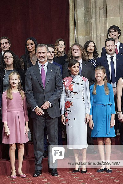King Felipe VI of Spain Queen Letizia of Spain Crown Princess Leonor Princess Sofia attended Audience with Winners of the 2019 Asturias Medals at Reconquista Hotel on October 18 2019 in Oviedo Spain