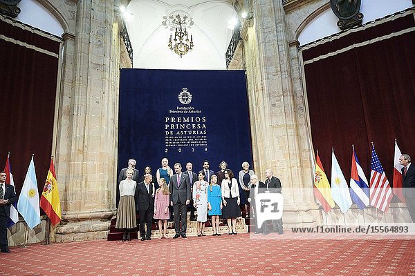 King Felipe VI of Spain Queen Letizia of Spain Crown Princess Leonor Princess Sofia attended Audience with Princesa de Asturias Awards 2019 winners at Reconquista Hotel on October 18 2019 in Oviedo Spain