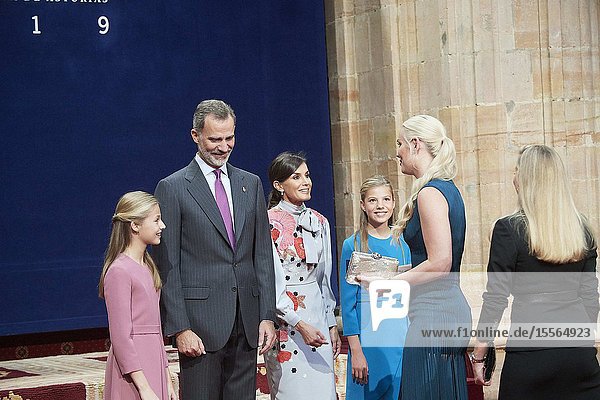 King Felipe VI of Spain Queen Letizia of Spain Crown Princess Leonor Princess Sofia attended Audience with Princesa de Asturias Awards 2019 winners at Reconquista Hotel on October 18 2019 in Oviedo Spain
