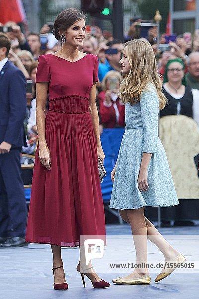 Queen Letizia of Spain Crown Princess Leonor arrived to Campoamor Theater for the Princesa de Asturias Award 2019 ceremony on October 18 2019 in Oviedo Spain