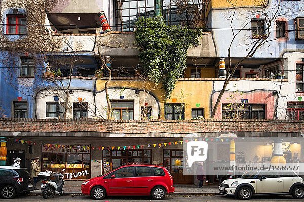 Hundertwasserhaus expressionist landmark and public housing designed by architect Friedenreich Hundertwasser in Vienna. Austria.