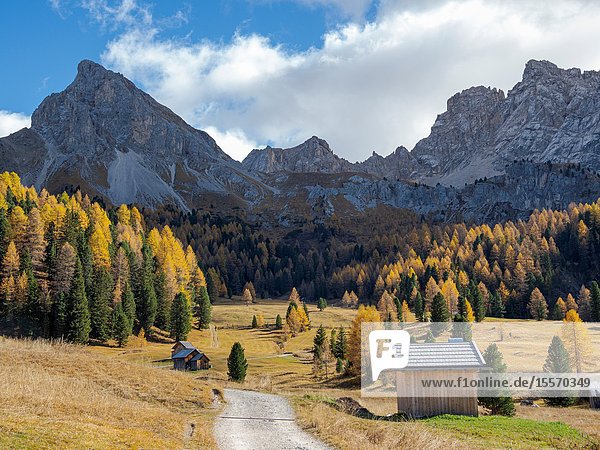 Val San Nicolo in Val di Fassa. Marmolada mountain range in the Dolomites of Trentino. Dolomites are part of the UNESCO world heritage. Europe Central Europe Italy.