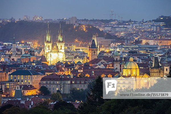 Night falls in Prague Czechia.