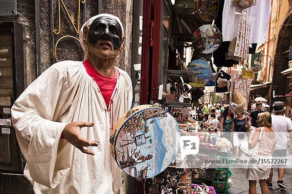 Carnival costume with tambourine Historic Centre of Naples Naples city Campania Italy Europe.