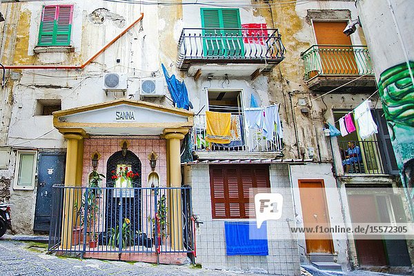 Religious street altar Vico Canale street quarter Montecalvario historic center Naples city Campania Italy Europe.