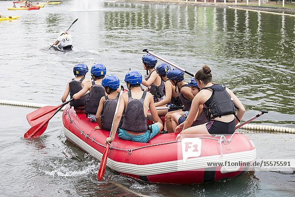 SEO DE URGELL LLEIDA CATALONIA SPAIN ON JULY 26 2019: Rafting along the rough river rapids. Extreme vacation in nature.