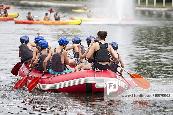 SEO DE URGELL LLEIDA CATALONIA SPAIN ON JULY 26 2019: Rafting along the rough river rapids. Extreme vacation in nature.