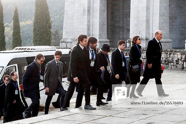 Family attends to the Exhumation of the body of Francisco Franco at Catholic Basilica of the Valley of the Fallen on October 24 2019 in San Lorenzo de El Escoria Spain.The body of dictator Gen. Francisco Franco has been exhumed from the grandiose mausoleum at the Valley of the Fallen before being transferred to cemeteryof Mingorrubio in a Pantheon next to the mortal remains of his wife Carmen Polo.