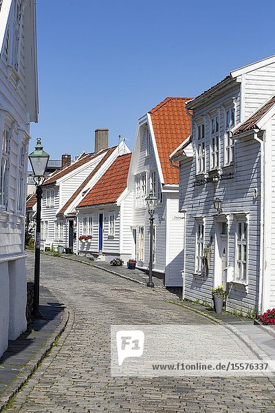 Old Stavanger town in Norway September 2018 Traditional white houses close-up.