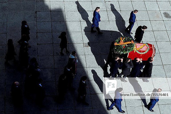 Family of Dictator attends to the Exhumation of the body of Francisco Franco at Catholic Basilica of the Valley of the Fallen on October 24 2019 in San Lorenzo de El Escoria Spain.The family carriage de rest of Francisco Franco to the Puma Helicopter..The body of dictator Gen. Francisco Franco has been exhumed from the grandiose mausoleum at the Valley of the Fallen before being transferred to cemeteryof Mingorrubio in a Pantheon next to the mortal remains of his wife Carmen Polo.