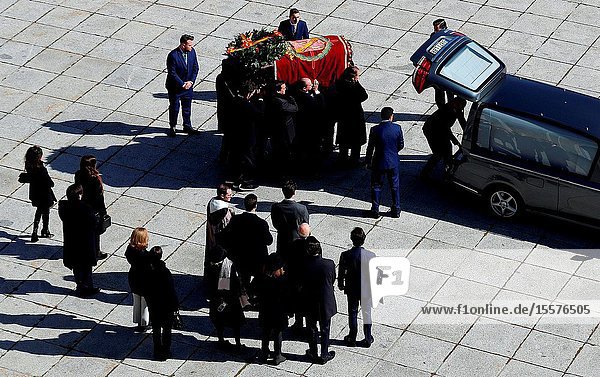 The family of Dictator attends to the Exhumation of the body of Francisco Franco at Catholic Basilica of the Valley of the Fallen on October 24 2019 in San Lorenzo de El Escoria Spain.The body of dictator Gen. Francisco Franco has been exhumed from the grandiose mausoleum at the Valley of the Fallen before being transferred to cemeteryof Mingorrubio in a Pantheon next to the mortal remains of his wife Carmen Polo.
