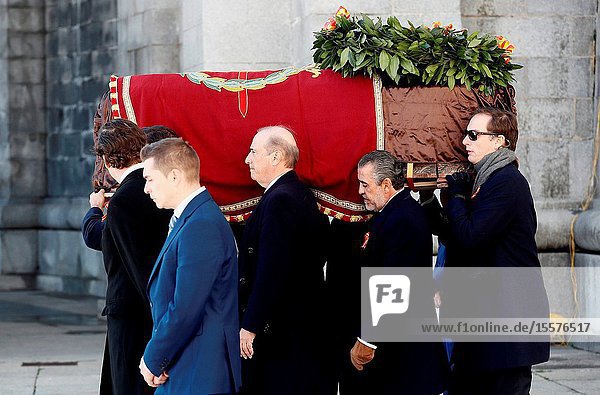 Views of Basilica before the attends to the Exhumation of the body of Francisco Franco at Catholic Basilica of the Valley of the Fallen on October 24 2019 in San Lorenzo de El Escoria Spain.The family carriage the rest of the Dictator to the Puma Helicopter..The body of dictator Gen. Francisco Franco has been exhumed from the grandiose mausoleum at the Valley of the Fallen before being transferred to cemeteryof Mingorrubio in a Pantheon next to the mortal remains of his wife Carmen Polo.